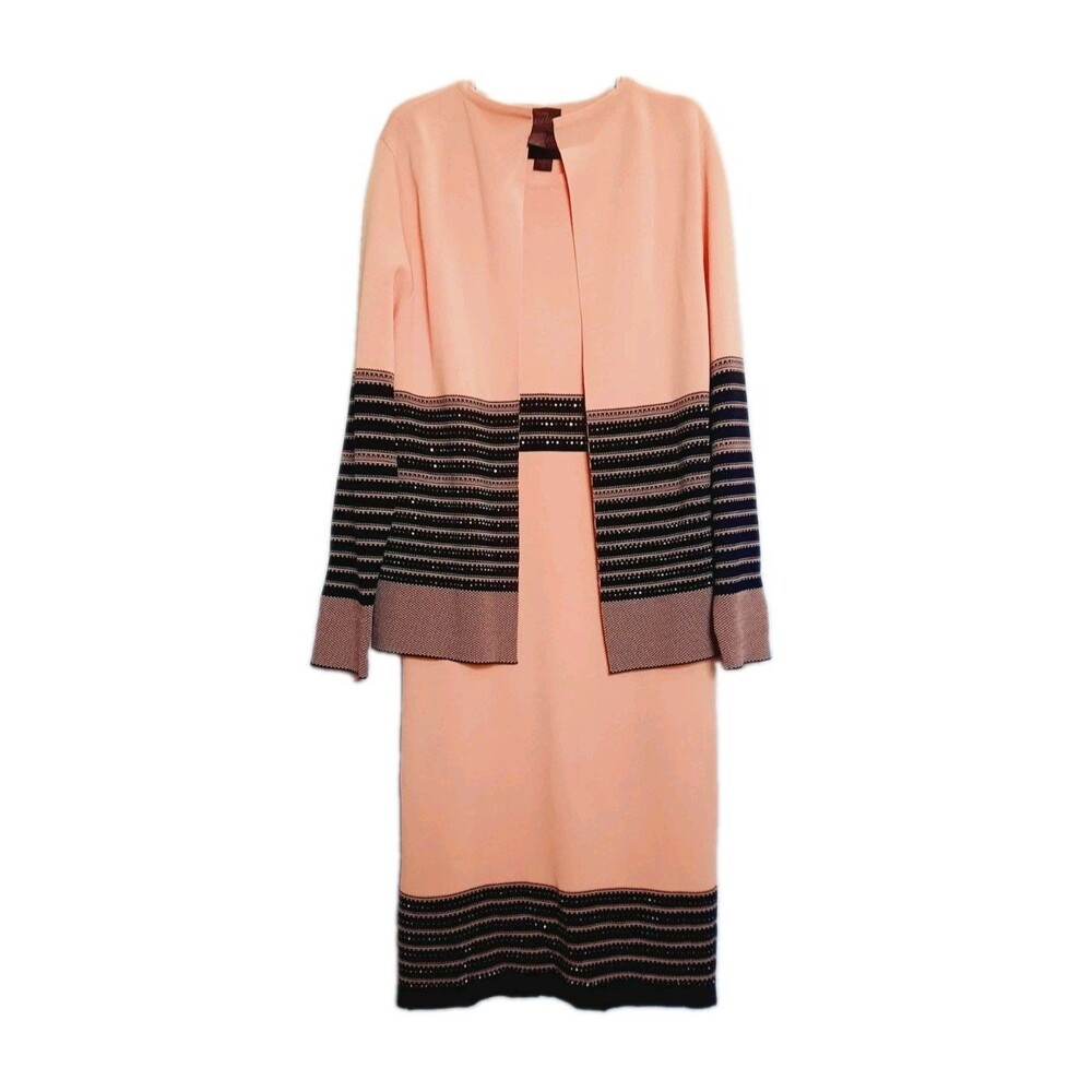 Kayla by Tally Taylor Peach Coral Rhinestone Knit Dress & Cardigan 2 Pc Set 14
